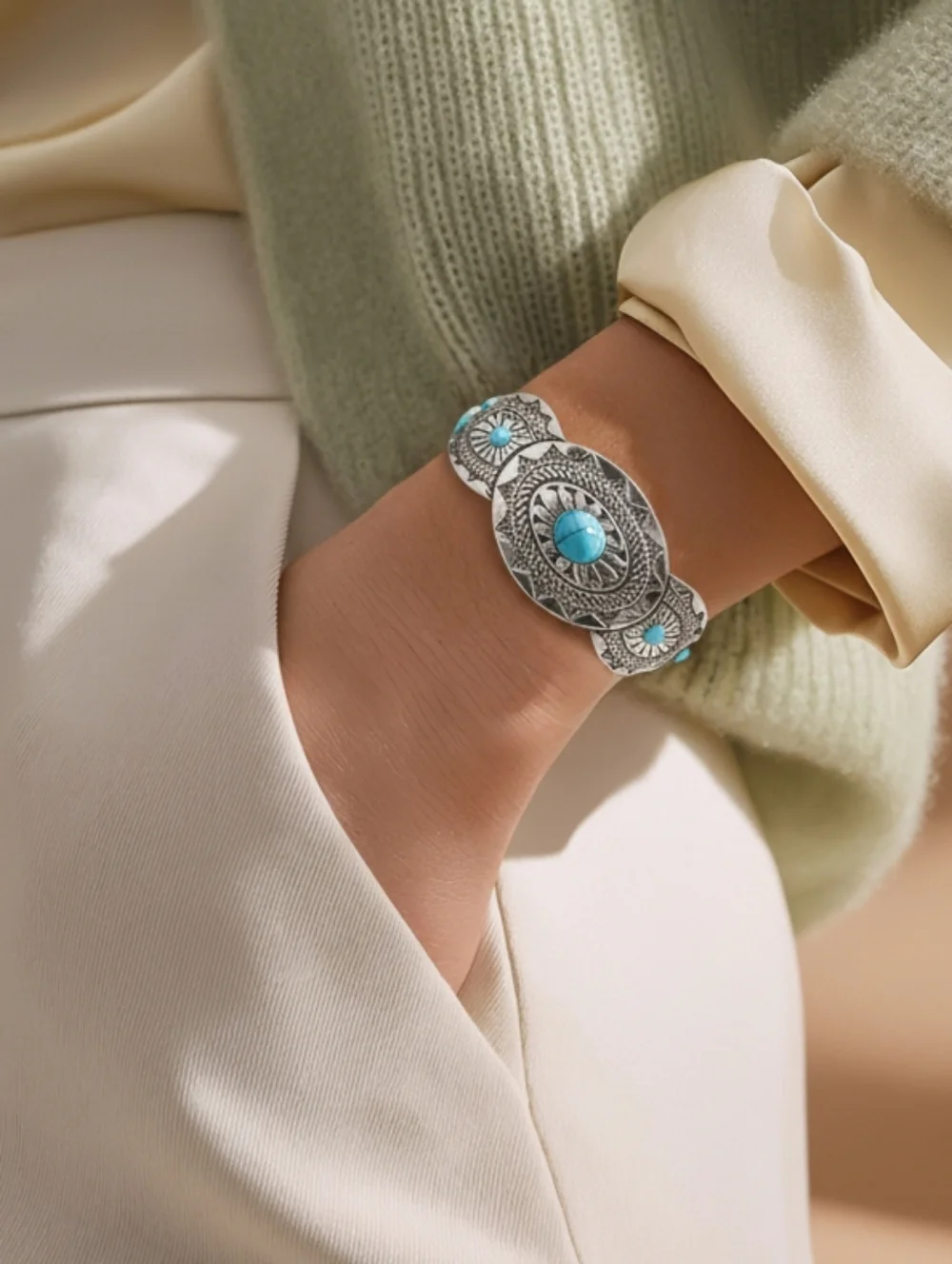 Turquoise Concho Cuff Bracelet Western Silver Open Bangle Statement Cowgirl Chic